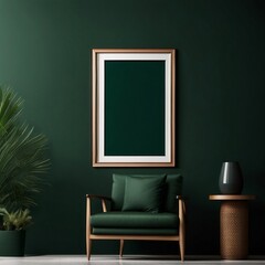 Mockup poster frame in minimalist interior background with dark green wall, Generative AI