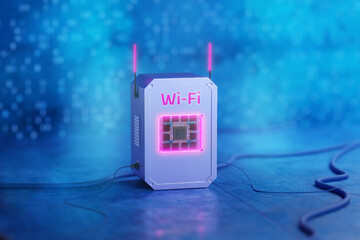 Wi-Fi wireless network concept. A new wireless standard. Futuristic Wi-Fi router. Switcher....