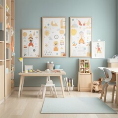 Children working room,Mock up poster frame in children room, Generative AI