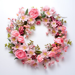 Beautiful colorful spring wreath in vintage style on white background