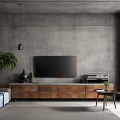 Tv on cabinet the in modern living room the concrete wall, Generative AI