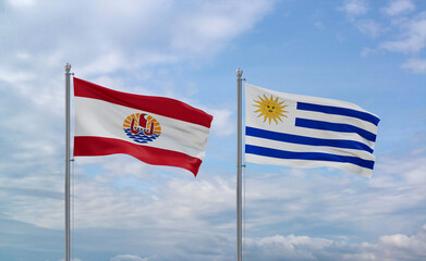 Uruguay and French Polynesia flags, country relationship concept