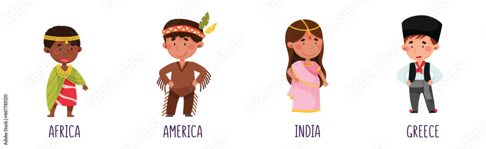 Wall mural kids wearing national costumes of different countries vector set