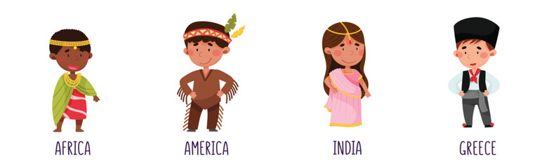 Kids Wearing National Costumes Of Different Countries Vector Set