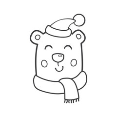Polar bear with christmas hat and scarf. Christmas outline illustration, icon, coloring page or line art