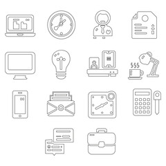 Set of 11 Office and workplace web icons in line style. Teamwork, workplace, coffee, work, business, employee. Vector illustration.