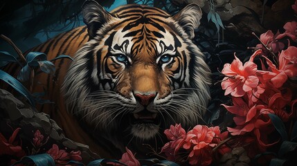 Illustration of an oil painting landscape of a Tiger among roses and palm leaves - Generative AI