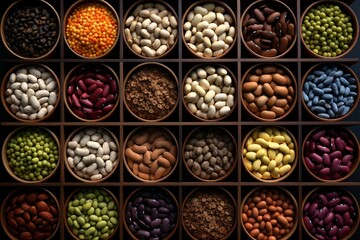 Different beans in small wooden containers, viewed from the top