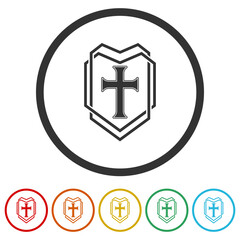 Obraz premium Christian cross and shield of faith icon. Set icons in color circle buttons