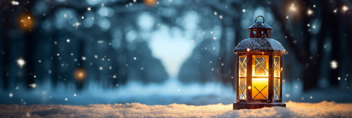 Christmas lantern glowing at night, blur snowy forest landscape, banner, copy space, Xmas card template