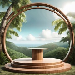 Circle podium in tropical forest for product presentation Behind is a view of the sky, Generative AI