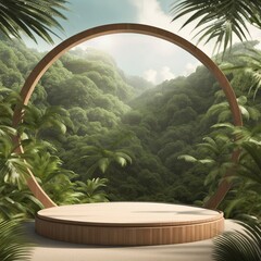 Circle podium in tropical forest for product presentation Behind is a view of the sky, Generative AI