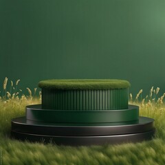 Dark green podium in meadow for product presentation and on transparent background.3d rendering, Generative AI