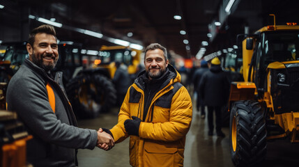 Two men shaking hands in front of construction machinery in the warehouse. Modern industrial plant or repairmen workshop.