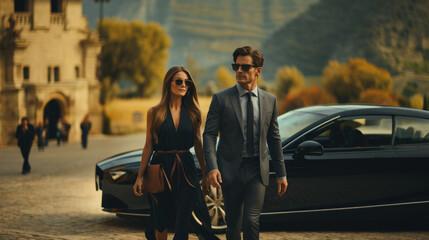 Stunning young couple walking in the Spain city near the luxury car.