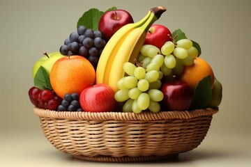 Fruits arranged within a basket, with a soothing, pale background