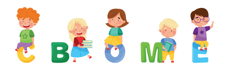 Cheerful Kids and Big Alphabet Letters Vector Set