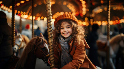 Fototapeta na wymiar Cute little girl with long curly hair in a brown coat and hat rides on a merry go round.