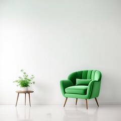 Living room has a green armchair on empty white color wall background, Generative AI