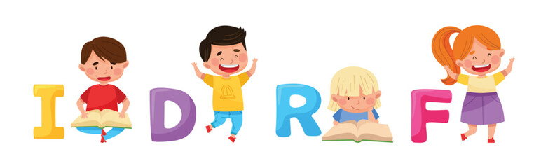 Cheerful Kids and Big Alphabet Letters Vector Set
