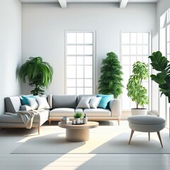 Bright and cozy modern living room interior have sofa and plant with white wall, Generative AI