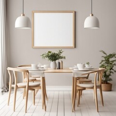 Mock up poster frame in dining room interior with white wall background, Generative AI