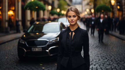 Woman in black walking in the city with her luxury car near vip business center.