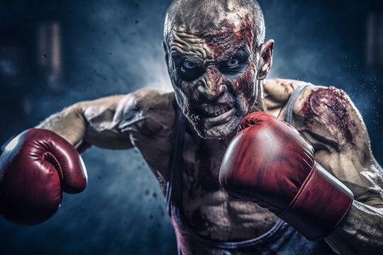  portrait of a scary clown with blood on his face and boxing gloves.