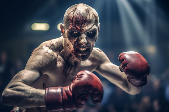  portrait of a scary clown with blood on his face and boxing gloves.