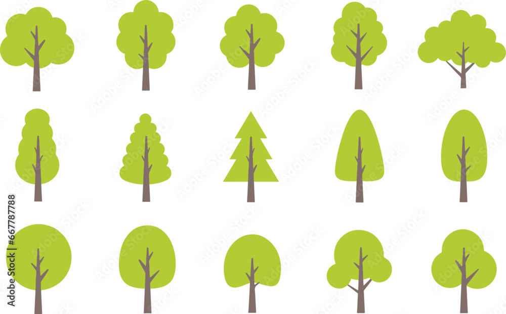 Wall mural pixel perfect icon set of green trees in various shapes. forest, nature, tree concept. simple icons,