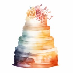 Ombre watercolor wedding cake, single, white background. AI generated