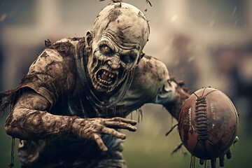 Fototapeta na wymiar Zombie playing rugby with ball. Halloween concept. Horror film.