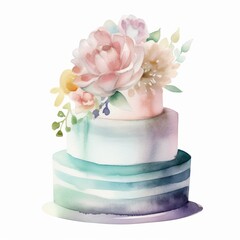 Fototapeta na wymiar Pastel watercolor wedding cake, single, white background. AI generated