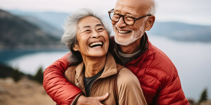Love Knows No Age: Senior Couple's Affectionate Embrace on Mountain Trail