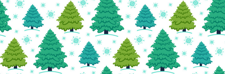 Christmas tree seamless pattern. Winter fir trees and snowflakes background.
