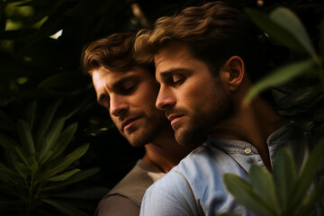 Generative AI photo portrait of male friends lgbt models couple photographing together in summer forest