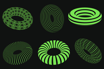 3D neon wireframe figures. Cyber neo-futuristic 3D objects and shapes. Frame wavy geometric perspective donut shape. 80s cyberpunk elements, vector set. 