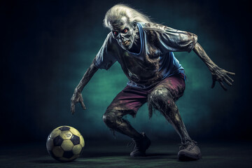 zombie playing football on the field, halloween concept.