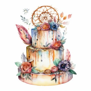 Watercolor bohemian dreamcatcher wedding cake, single, white background. AI generated