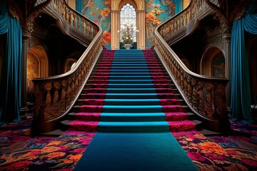 A vibrant carpet accompanied by steps, symbolizing opulence and festivity. Generative AI