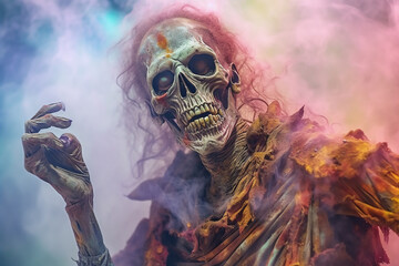 Scary halloween zombie in smoke. Scary halloween concept. - obrazy, fototapety, plakaty