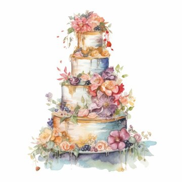 Watercolor fairytale wedding cake, single, white background. AI generated