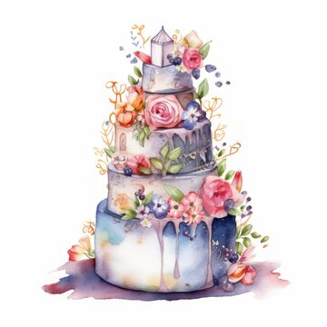 Watercolor fairytale wedding cake, single, white background. AI generated
