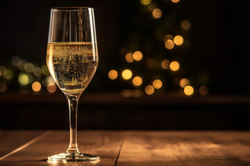 Glass of champagne on a table, with the background of Christmas lights. Generative AI