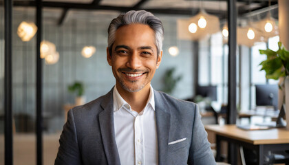 Smiling older bank manager or investor, happy middle aged business man boss ceo, confident mid adult professional businessman executive standing in office, mature entrepreneur headshot portrait - obrazy, fototapety, plakaty