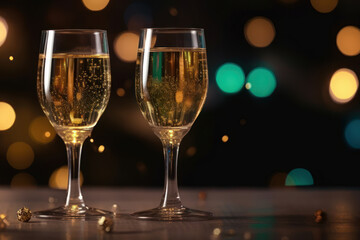 Two glasses of champagne on a table, with the background of Christmas lights. Generative AI