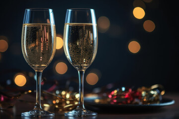 Two glasses of champagne on a table, with the background of Christmas lights. Generative AI