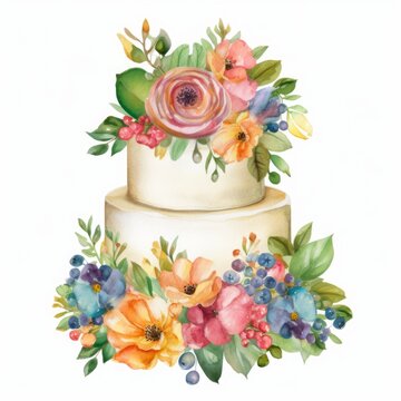 Watercolor floral wreath wedding cake, single, white background. AI generated