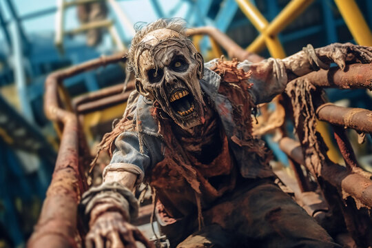Zombies have fun playing on a roller coaster in an amusement park.