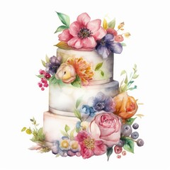 Watercolor hand-painted wedding cake, single, white background. AI generated